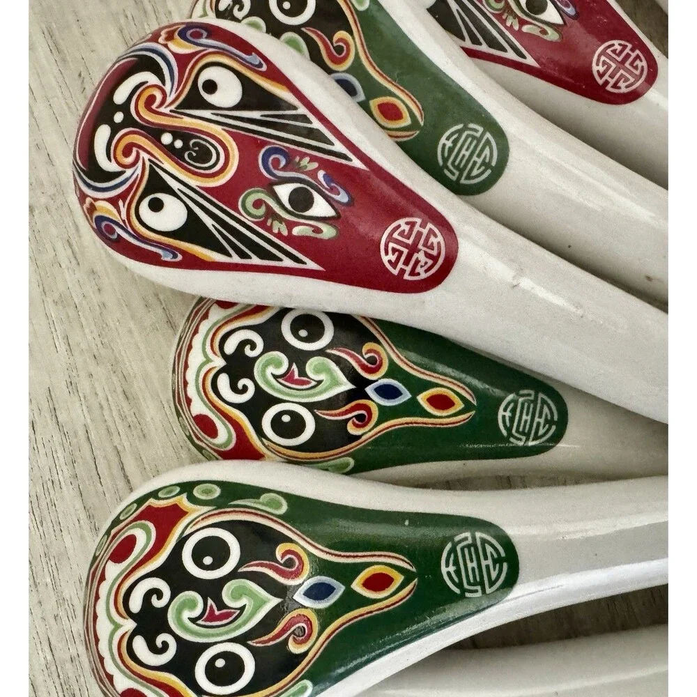 Vintage Chinese Opera Mask Spoons Set 10pc Ceramic Handle Stainless Steel NOS